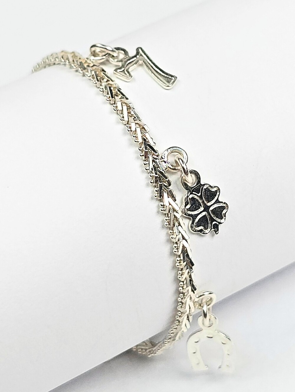 Lucky Charm Bracelet Elephant Horseshoe Owl 7 Charms 925 Sterling Silver 18.5cm